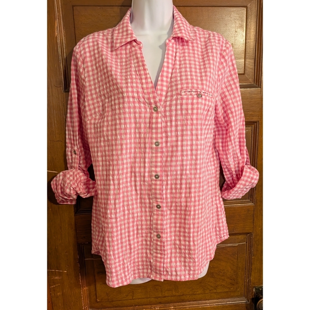 Kut from the Cloth Pink Gingham Rolled Tab Button Down Shirt